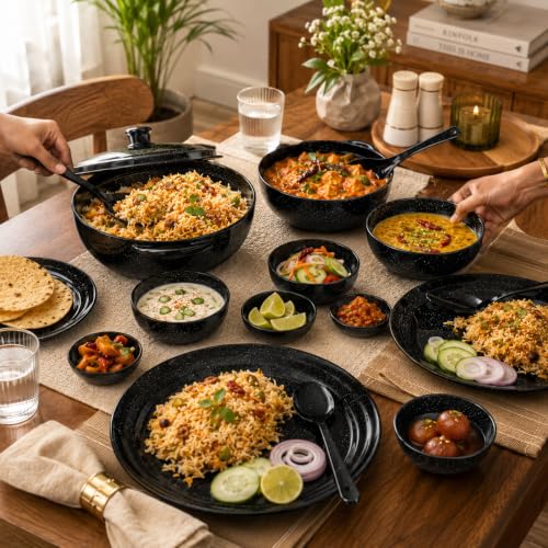 Image of Melvio By Malti Black Granite 18 Piece Dinner Set | Melamine Dinnerware Set, Premium Dinner Set Crockery Plates Bowls Tableware for Home Dining Kitchen