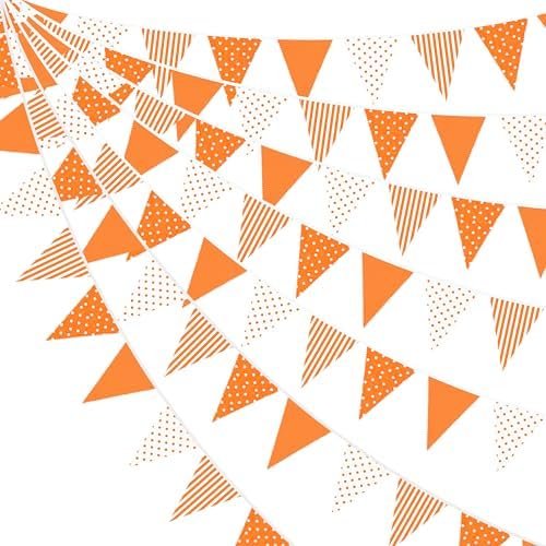 32Ft Orange Party Decorations Orange Stripe Dot Triangle Flag Fabric Banner Pennant Garland Bunting Streamer for Fall Autumn Wedding Little Cutie Birthday Thanksgiving Day Party Decor Supplies