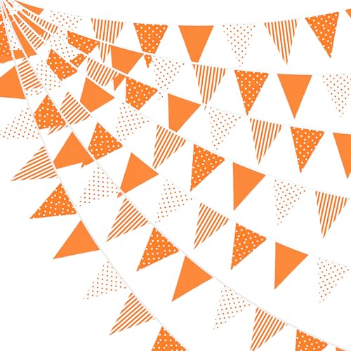 32Ft Orange Stripe Dot Triangle Flag Fabric Banner Cotton Pennant Garland Bunting Streamer for Fall Decor Autumn Wedding Birthday Party Thanksgiving Day Home Nursery Outdoor Garden Hanging Decoration