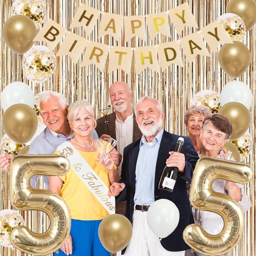 Image of Trgowaul 55th Birthday Decorations for Women, Banner, Sash and Crown, Cake Topper, 55 Number Balloon, Fringe Curtains, Champagne Gold 55th Birthday Party Supplies