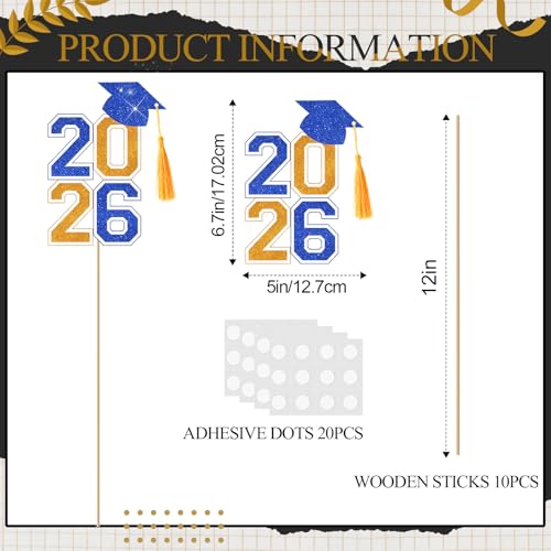 Image of 10 Pcs Graduation Table Centerpieces Sticks with Tassels, class of 2026 Grad Cap Picks Table Decoration Cupcake Toppers for Party Centerpiece Decoration Supplies(Blue and Gold)
