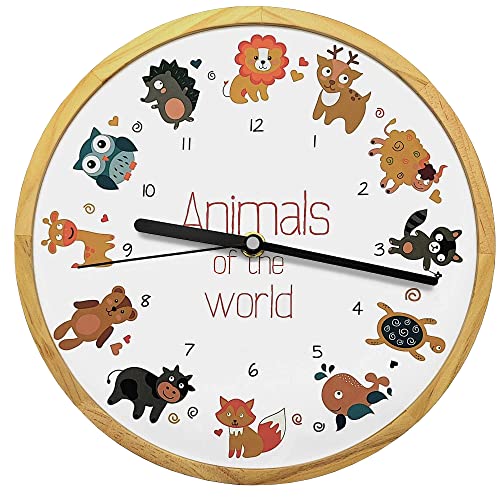 Holzwerk Natur Kinderwanduhr Kinder Wanduhr Jungen Mädchen Fuchs Löwe REH Delphin Schildkröte Tiere Motiv Holz lautloses Uhrwerk ohne tickgeräusche lautlos Cover