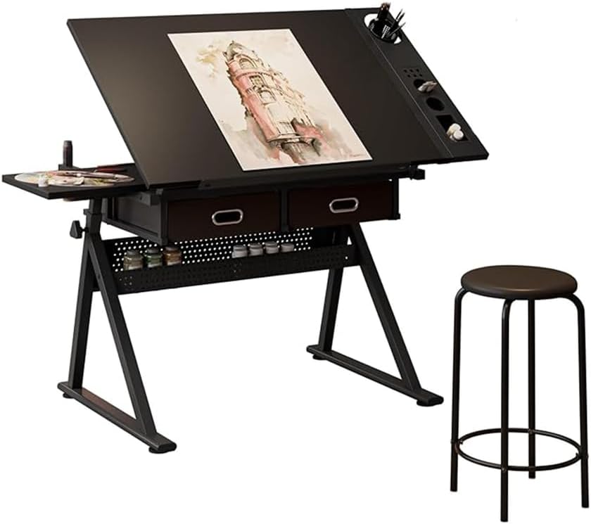 Adjustable Drawing Drafting Table Desk with 2 Drawers for Home Office and School with Stool,White