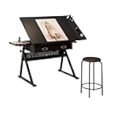 KZBCYDLM Adjustable Drawing Drafting Table Desk with 2 Drawers for Home Office and School with Stool,Black