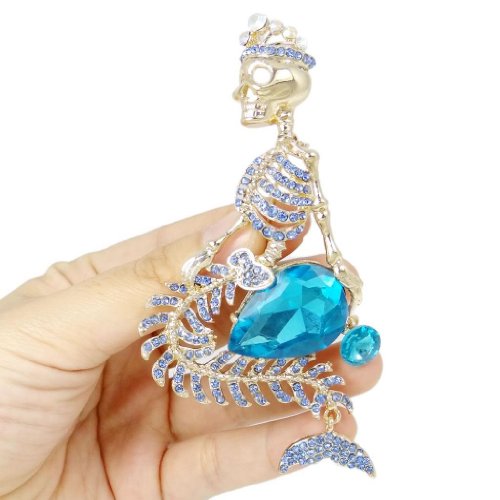 Image of EVER FAITH Women's Austrian Crystal Halloween Mermaid Skull Crown Teardrop Brooch
