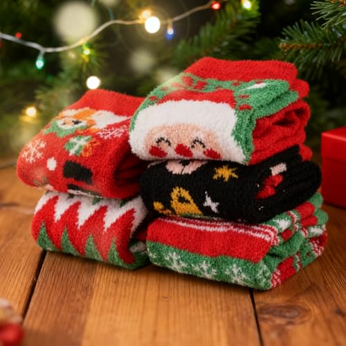 Image of Labeol 5 Pairs Christmas Fuzzy Socks for Women Gifts,Funny Cute Cozy Fluffy Thermal Winter Warm Fuzzy Socks