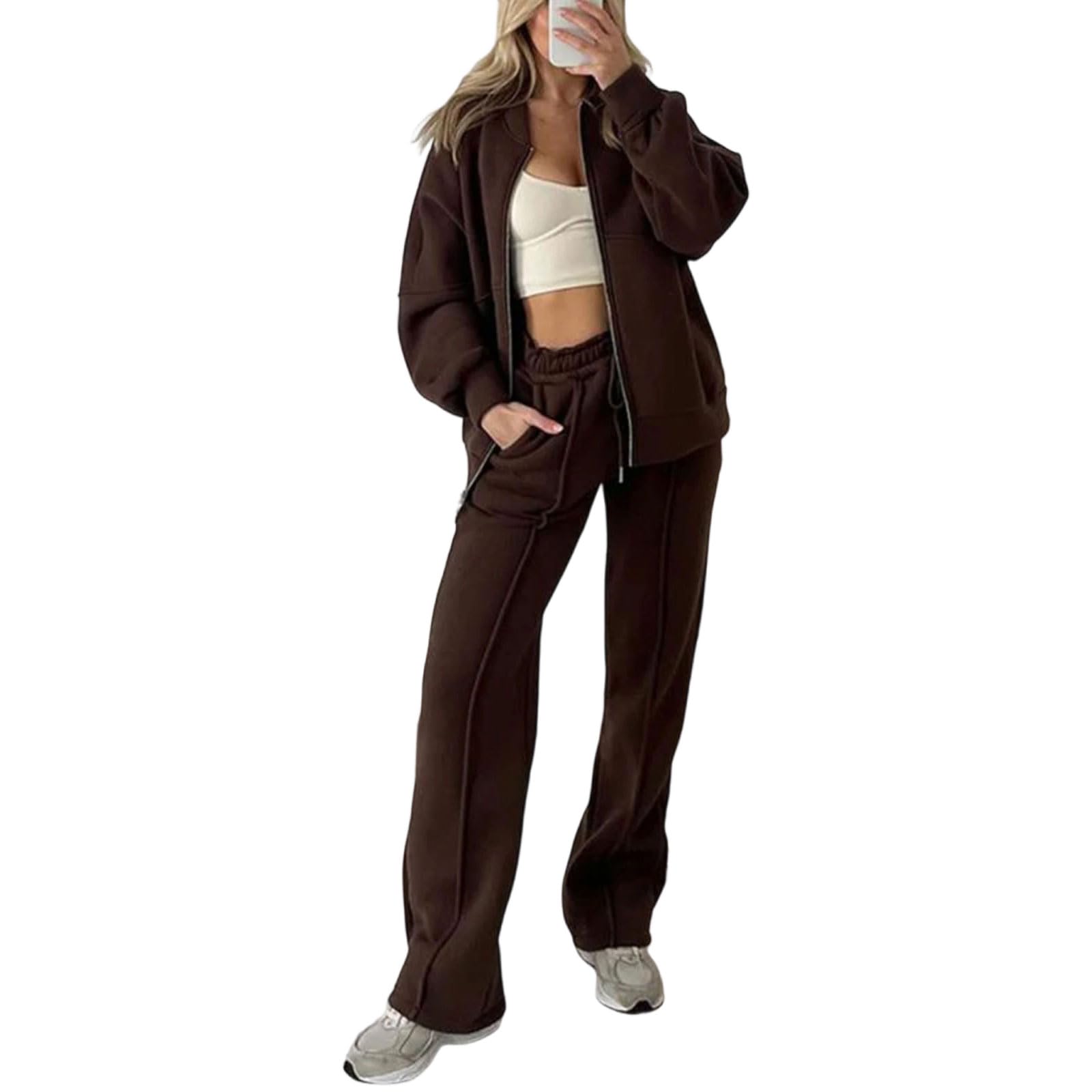 Greabuy Conjunto deportivo de 2 piezas para mujer con capucha y cremallera y pantalones deportivos de pierna ancha, con bolsillos