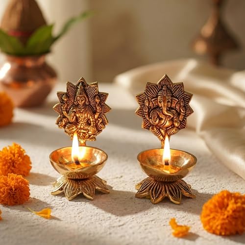 Image of Behoma 100% Pure Brass Lakshmi Ganesh Diya for Puja | Laxmi Ganesh Samridhi Deepak for Pooja Room, Tample, Mandir, Office, Deep for Home Decoration