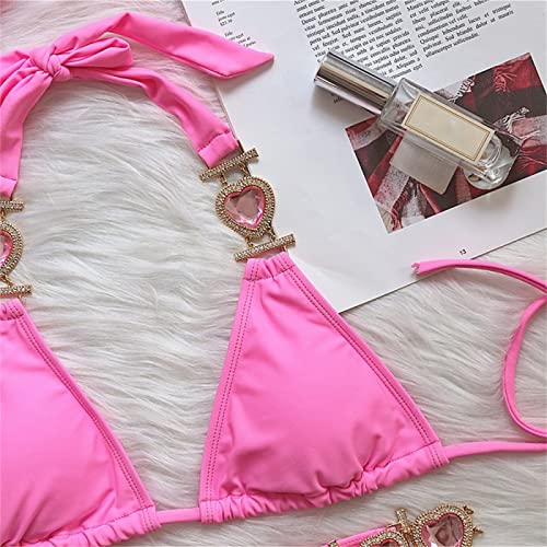 Women's Shiny Heart Crystal Bathing Suit Lace-up Rhinestone Bikini Set with Headband Glitter Jeweled Halter Swimsuit4