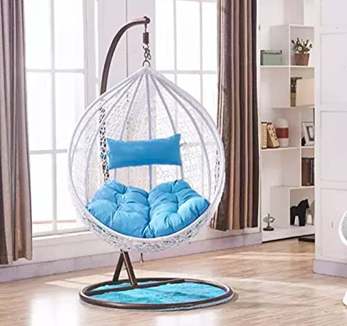 BRIGHT FURNITURE Adult's Rattan Single Seater Swing Chair with Stand , Polyester Sky Blue Cushion & Hook (White)