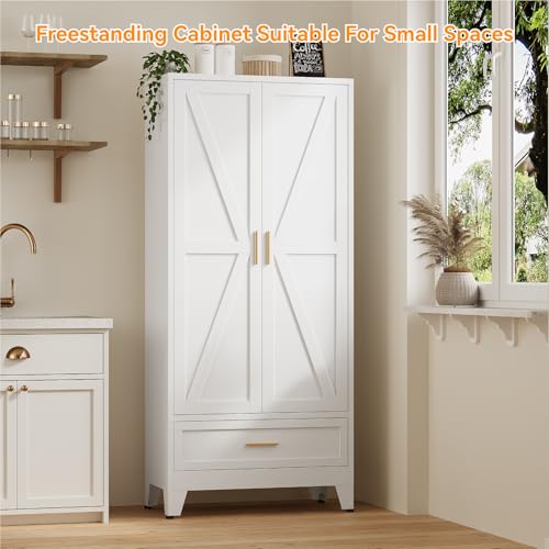 Image of 71 inch Tall Kitchen Pantry Cabinet,Farmhouse Pantry Cabinet,Metal Cabinet with Adjustable Shelves and Drawer,Storage Cabinet for Kitchen Dining Room Garage,White 1 Pack