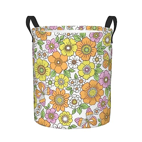 Delerain Yellow Orange Flowers Laundry Basket, Waterproof Laundry Hamper With Handles, Collapsible Toy Bins Dirty Clothes Round Storage Basket For Home Bathroom Office Nursery, 16.5X13.8(S) #TOP23