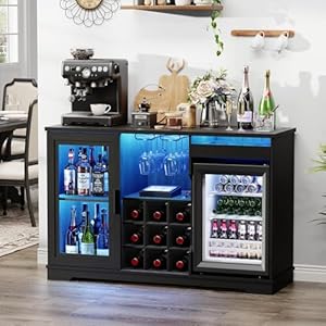 BROTTAR Wine Bar Cabinet with Fridge (Included), Drinks Coffee Cabinet with LED Lights & Rack, Mini Fridge Cabinet with Storage, Human Body Sensor, Sideboard for Kitchen Dining Room, Black