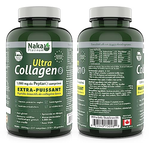 Naka Platinum Ultra Collagen featuring 1000 mg of Peptain each tablet,Maximum Potency Bioactive Bovine Collagen Peptides. For Skin, Nails, Bones and Joints (250 tabs)