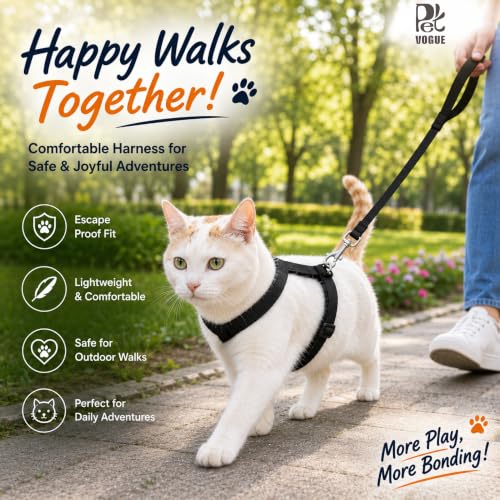 Image of PetVogue Basic Full Body Cat Harness with Leash Set for Walking for Cats Adjustable Soft Sturdy Escape Proof Kitten Vest Harness and Leash with Reflective Strip for Large Medium Small Cat (Black)