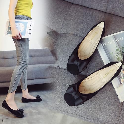 Optigard Women's Suede Square Toe Bow Ballet Flats Comfortable Casual Flat Loafers Lightweight Slip On Dress Shoes3