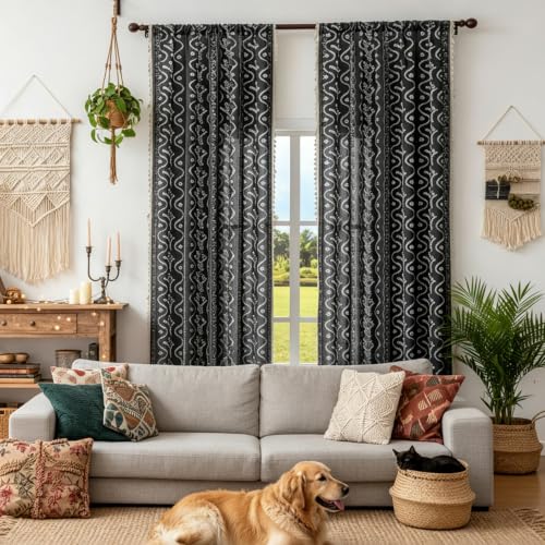 Image of Boho Curtains 84 Inch Long for Living Room, Bedroom, 2 Panels Floral Farmhouse Vintage Tassel Semi Sheer Light Filtering Privacy Window Curtain Drapes with Rod Pocket,Black