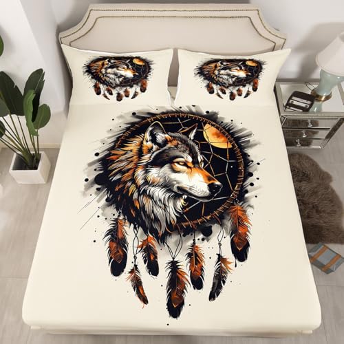 Exotic Wild Animal Fitted Sheet,Full Size Black Tie Dye Collections,Wolf Dream Catcher Bedding Deep Pocket for Children Teens Young with 2 Pillowcases(No Flat Sheet)