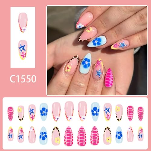 Image of Flower Press on Nails Medium Almond Fake Nails with Pastel Blue Fish Star Nail press ons Glossy Full Cover Ombre Stick on Nail for Women Manicure 24Pcs