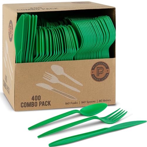PLASTICPRO 400 Pack Disposable Christmass Green Cutlerys Plastic Utensils Assorted Colored Cutlery Combo Set Forks Spoons Knives Silverware Green Plastic Cutlery for Parties