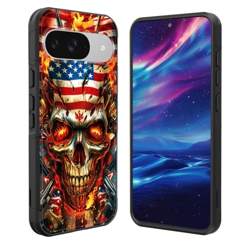 GFEWYTJYJ for Google Pixel 11 Pro 6.3 Inch 2026 Case,[10 FT Military Grade Drop Protection] Non-Slip Heavy Duty Shockproof Phone Case,Flame Skull American Flag
