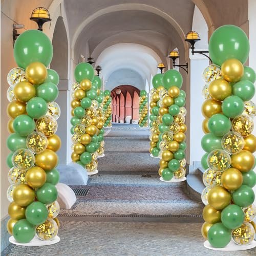 Image of 2 Sets Sage Green Balloon Column Stand Kit with 100 Balloons Spring Graduation Adjustable Balloon Tower Stand with Bases Olive Green Gold Column for Mother's Day Birthday Wedding Party Decor