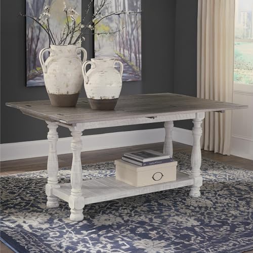Image of Signature Design by Ashley Havalance Farmhouse Sofa Table, Flip Top Design for Additional Dining Space and Fixed Lower Shelf, Gray & White with Weathered Finish