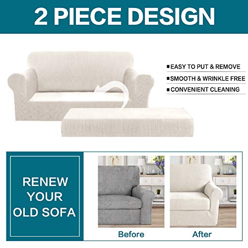 Image of Turquoize Stretch Sofa Slipcover 2 Pieces Sofa Cover Couch Cover for 2 Cushion Couch Washable Furniture Protector Covers with Elastic Bottom Feature Thick Jacquard Fabric (Loveseat, Ivory)