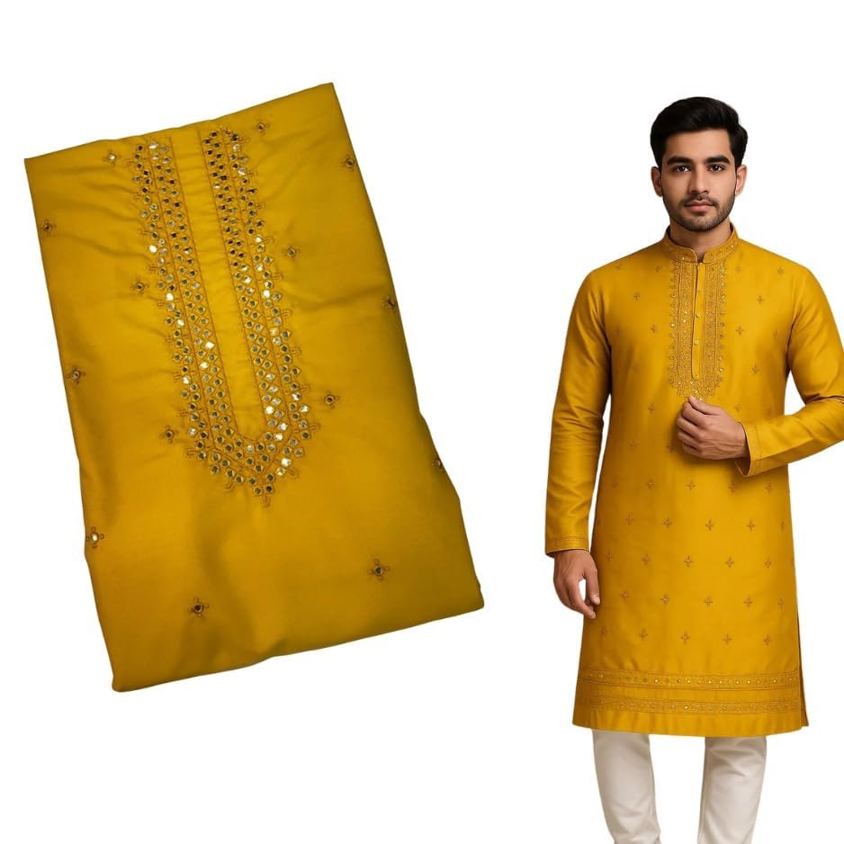 Premium Men’s Kurta Fabric with Hand Mirror Work | Unstitched | Suitable for Size S to XXL | Front 80 cm + Back & Sleeves 1.30 m
