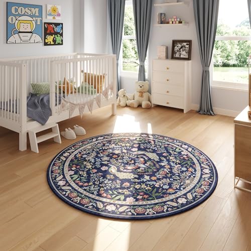 Round Rug 6ft Washable Circle Rug Floral Non Slip Low Pile Small Circular Rug for Bedroom, Bathroom, Entryway, Kids Room, Office(Blue)