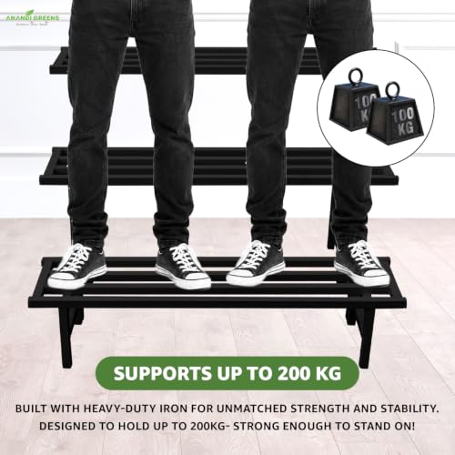 Image of Anandi Greens Black Heavy Duty 3 Tier Metal Plant Stand for Grow Bags Planters and Pots Rust Resistant Iron Plant Pot Holder Rack for Outdoor Balcony Indoor Living Room and Garden Supports Up to 200 kg
