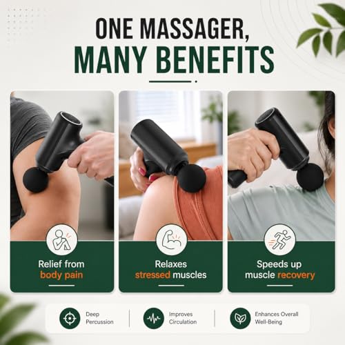 Image of Bouncefit MG-203 Portable Handheld Electric Massage Gun | Body Massager for Pain Relief | Massage Gun for Back, Leg & Full Body | 4 Speed Modes | Long Battery Life | 4 Specialized Heads For Full Body Pain Relief |Multicolour (A1-203)