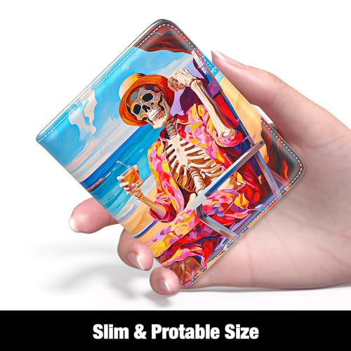 Image of Rouidr Womens Wallet, RFID Small Slim Wallet for Women, Cute Bifold Leather Pocket Credit Card Holder Ladies Mini Purse with Zipper Coin Pocket & ID Window, Beach Skull