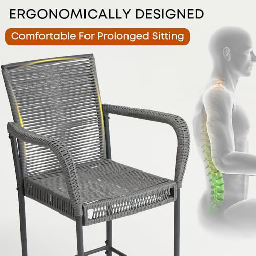 Image of Outdoor Bar Stools Set of 2, Patio Bar Stools with Armrests, All Weather Wicker Rattan Bar Chairs with Backrest for Backyard, Garden, Pool, Balcony and Deck (Light Gray)