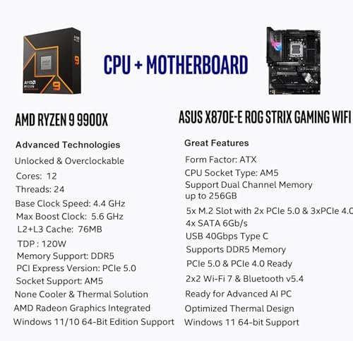 Image of Micro Center AMD Ryzen 9 9900X CPU Processor with ASUS ROG Strix X870E-E Gaming WiFi X870 ATX Motherboard (18+2+2 Power Stages, WiFi 7, 5X M.2, PCIe 5.0, USB4)