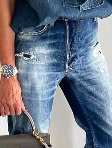 Flamingals Cropped Straight Leg Mid Rise Boyfriend Ripped Wash Roll Hem Denim Jeans2