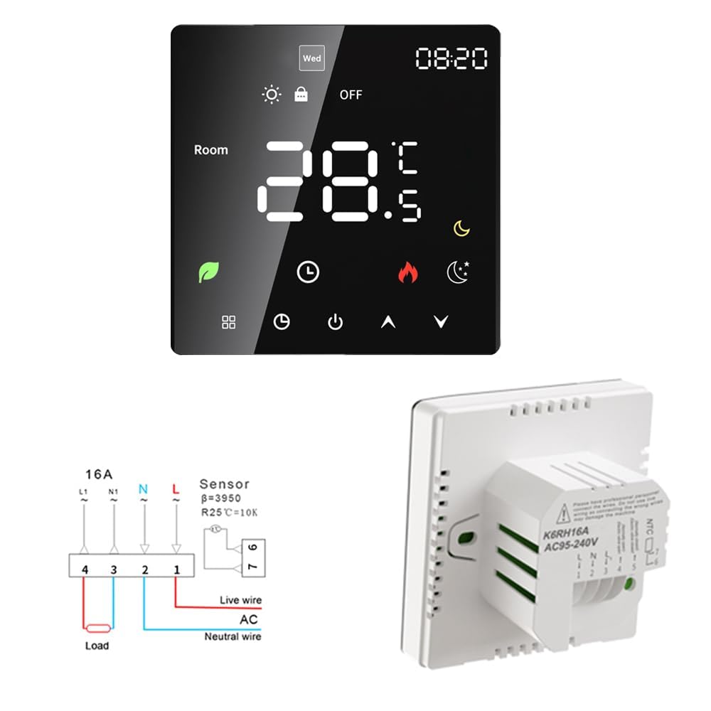 Termostato de Calefacción por Suelo Radiante, Termostato de Ambiente, Termostato de Calefacción, Eléctrico Inteligente, WiFi, Pantalla Táctil, Control por (Calefacción eléctrica