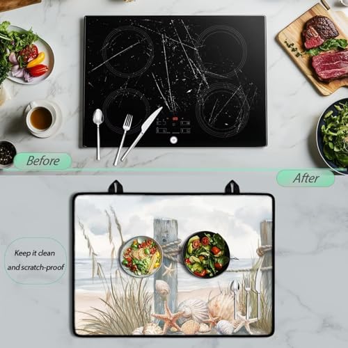 Image of Glass Ceramic Top Stove Cover Flat Cooktop Mat Range Covers for Electric Stove Anti-Scratch Induction Stove Top Protector Mat, 29 x 21 Inch, Starfish Shell Seagull Grass Wooden Pile Beach
