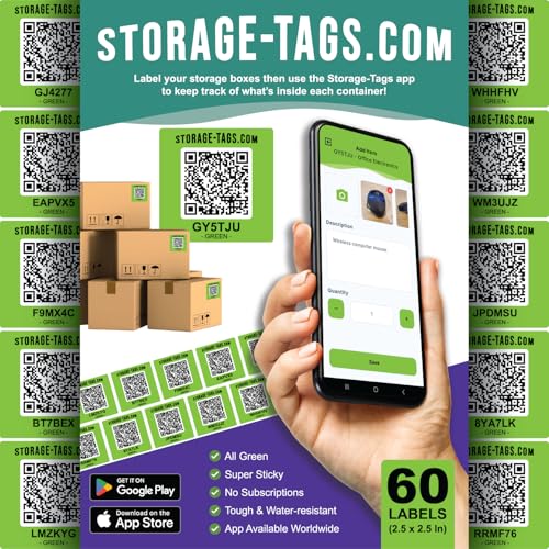 QR Code Storage Tags (Green) - Smart Stickers - Tracking Labels for Totes - Scan Storage Bins & Containers - Moving House - Track Inventory - Android and iOS App - Pack of 60