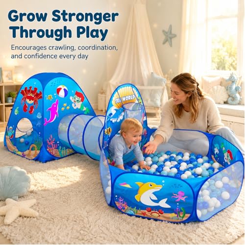 Image of PigPigPen 3 in 1 Kids Play Tent with Play Tunnel, Ball Pit, Basketball Hoop for Boys & Girls, Toddler Pop Up Playhouse Toy for Baby Indoor /Outdoor, Gift for Year Old Child (Ocean 3pc Play Tent)