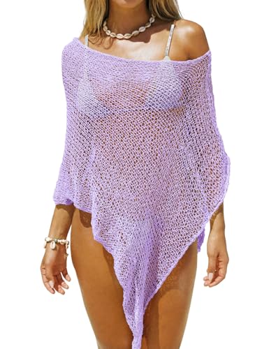 Saodimallsu Womens Sheer Cover Ups Lightweight Crochet Knit Mesh Shrug Summer Trendy Batwing Sleeve Boho Poncho Tops Purple