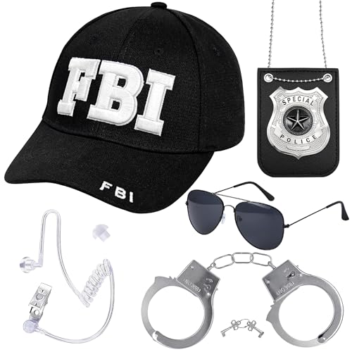 Yezmo Police Costume Accessories, Cop Costume Accessories Kit with Cop Hat Badge Handcuffs for Adult Halloween Dress up (FBI)