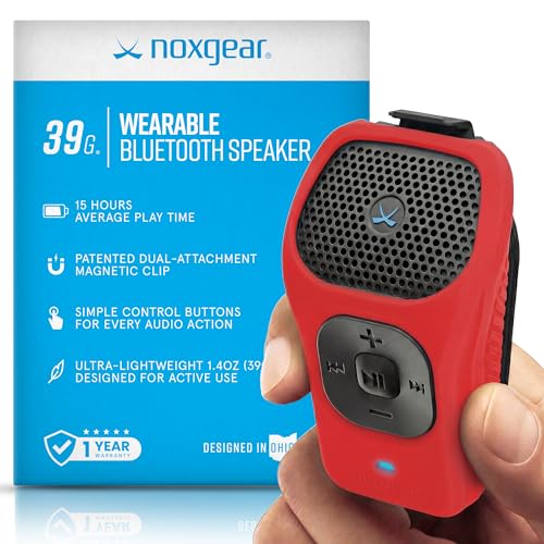 Image of noxgear 39g Wearable Bluetooth Speaker, Magnetic Mini Clip-On EDC Gear, Waterproof Up to 15 Hours Playtime | Clip On Speaker, Wearable Speaker with Microphone, 100ft Range (Color: Red)