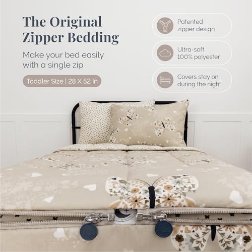 Image of Beddy's Butterfly Themed Durable Zipper Bedding for Kids - Bed in a Bag - Beige Sheets & Comforter with Butterflies, Hearts & Floral Design - Includes Pillowcase & Sham - Easy to Make & Wash - Toddler