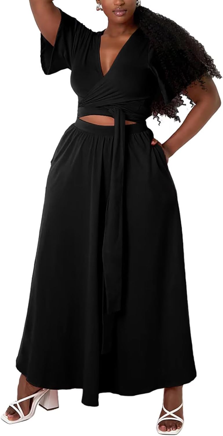 Womens Sexy Plus Size 2 Piece Dress Outfits Bandage Wrap Crop Top Maxi Skirts Set - Image 3