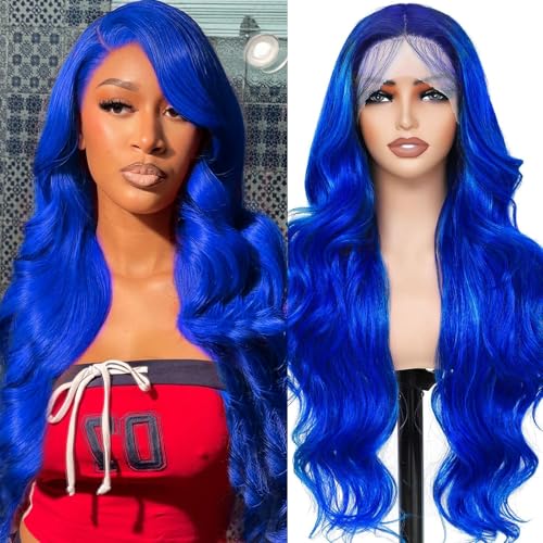 AAY Blue Human Hair Wig 13x4 HD Lace Front Wig 200 Density HD Body Wave Lace Frontal Wig Human Hair Pre Plucked Blue Real Hair Wigs for Women Glueless 22 Inch