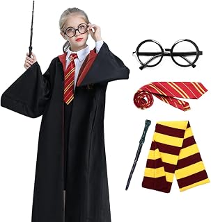 Magic Wizarding World Costume Robes Dress Up , Black Hooded Cloak with Tie,Scarf,Wand and Glasses