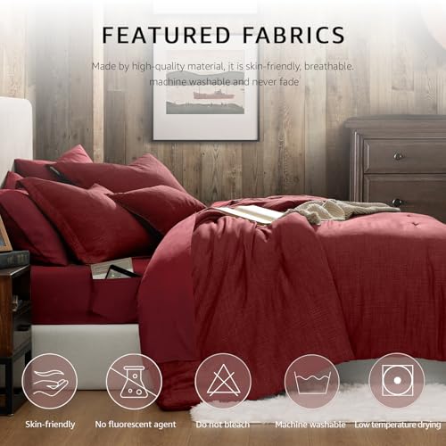 Geniospin Full Comforter Set - 7 Pieces Comforter Full Size, Solid Bedding Set for All Season, Dark Red Textured Bed in a Bag with Sheets — view 3