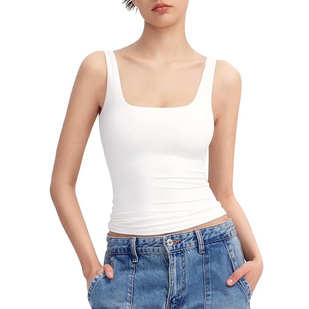 VPVLVZN Womens Square Neck Tank Top Sleeveless Double Lined Basic Cropped Tank Tops Knit Ribbed Tank (White,Medium)