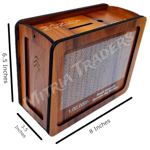 Image of Money Bank - Piggy Bank Wooden 8 x 6 x 3.5 inch for Kids and Adults Cute Money Bank for Kids. with Lock and Keys (Brown)